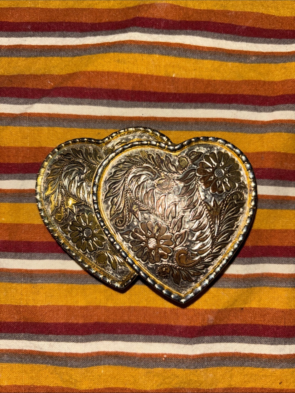 Double Heart Floral Engraved Metal Belt Buckle in Gold with some brown accents